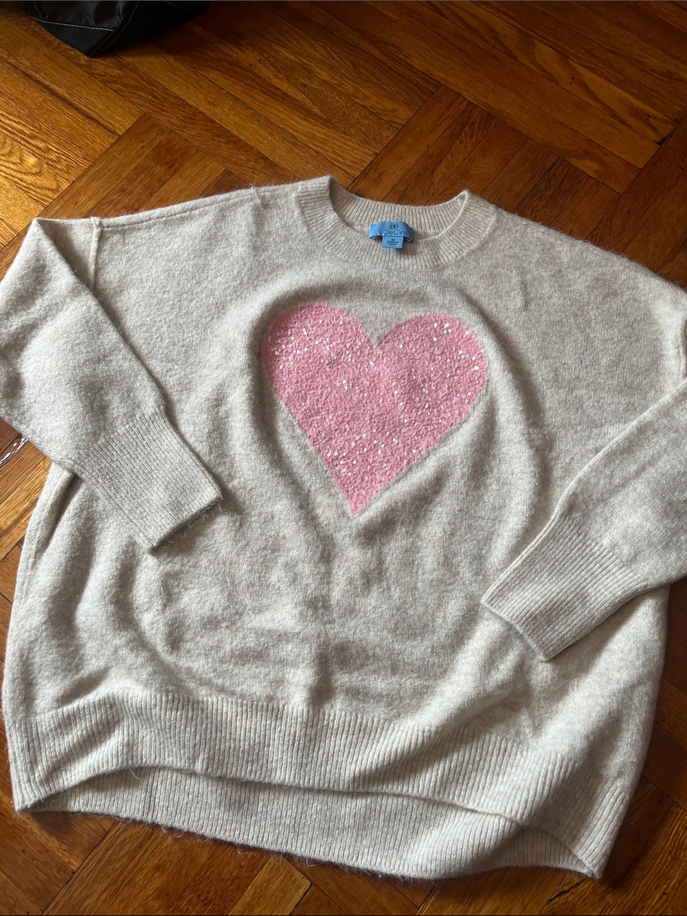CeCe Cream Crewneck Sweater with Pink Sequin Heart - Picture 2 of 4